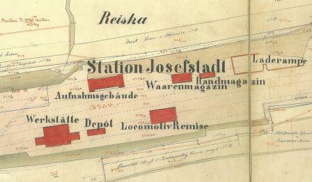  Výřez z katastrální mapy se zakreslenými budovami stanice Josefov